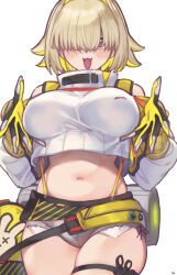 Rule 34 | 1girl, absurdres, arm guards, belt, blonde hair, blush, breasts, clothing cutout, crop top, crop top overhang, cropped sweater, elegg (nikke), gloves, goddess of victory: nikke, grey shorts, hair intakes, hair over eyes, highres, large breasts, long bangs, long sleeves, micro shorts, midriff, mitsurugi sugar, navel, open mouth, plump, purple eyes, shorts, shoulder cutout, smile, solo, sweater, thighs, white sweater