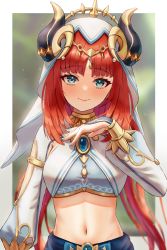 Rule 34 | 1girl, aqua eyes, arm at side, blurry, blurry background, blush, border, breasts, circlet, closed mouth, crop top, desire (tbot7), forehead jewel, genshin impact, gold trim, hand up, highres, horns, jewelry, long sleeves, low twintails, medium breasts, navel, neck ring, nilou (genshin impact), parted bangs, puffy long sleeves, puffy sleeves, red hair, shrug (clothing), skirt, smile, solo, stomach, twintails, vambraces, veil, vision (genshin impact), white border