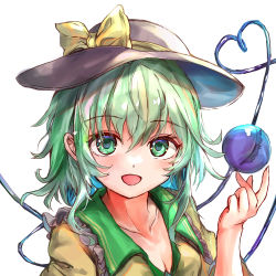 Rule 34 | 1girl, :d, absurdres, blush, bow, breasts, cleavage, collarbone, frilled shirt collar, frills, green eyes, green hair, hair between eyes, hand up, hat, hat bow, highres, ikazuchi akira, komeiji koishi, looking at viewer, medium hair, open mouth, shirt, simple background, small breasts, smile, solo, third eye, touhou, upper body, white background, yellow bow, yellow shirt