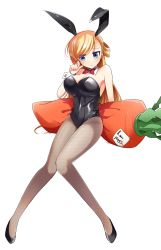 Rule 34 | 1girl, animal ears, araragi ayune, black leotard, blonde hair, blue eyes, bow, bowtie, carrot, carrot-shaped pillow, detached collar, english text, fake animal ears, fishnet pantyhose, fishnets, full body, high heels, highres, legs together, leotard, long hair, original, pantyhose, pillow, playboy bunny, rabbit ears, red bow, red bowtie, rinna milford, simple background, solo, standing, strapless, strapless leotard, white background, wrist cuffs