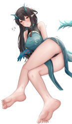 Rule 34 | 1girl, absurdres, aqua dress, arknights, ass, bad arm, bare legs, barefoot, black hair, blush, commentary request, dress, dusk (arknights), dusk (everything is a miracle) (arknights), highres, horns, long hair, looking at viewer, lying, namikare, pointy ears, red eyes, simple background, sleeveless, sleeveless dress, solo, suggestive fluid, tail, thighs, white background