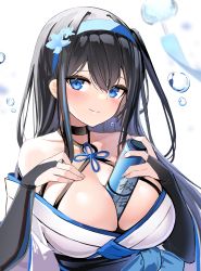 Rule 34 | 1girl, absurdres, bare shoulders, between breasts, black choker, black hair, blue eyes, blue flower, blue hairband, blush, breasts, bridal gauntlets, choker, cleavage, closed mouth, collarbone, flower, flower knot, graduated cylinder, hair flower, hair ornament, hairband, highres, japanese clothes, kimono, kimono pull, kurotobi rarumu, large breasts, long hair, looking at viewer, one side up, original, simple background, skindentation, smile, solo, very long hair, water drop, white background, white kimono, wind chime