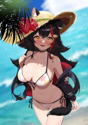 Rule 34 | 1girl, animal ear fluff, animal ears, bare shoulders, beach, bikini, black choker, black hair, black jacket, blue sky, blush, breasts, choker, cleavage, cloud, collarbone, day, ears through headwear, flipped hair, front-tie bikini top, front-tie top, hair between eyes, hair ornament, hairclip, hat, highres, hololive, jacket, kani bonara, large breasts, leaf print, long hair, looking at viewer, maple leaf print, multicolored hair, navel, official alternate costume, ookami mio, ookami mio (hololive summer 2019), open mouth, outdoors, print bikini, red hair, side-tie bikini bottom, skindentation, sky, smile, solo, spiked hair, straw hat, streaked hair, swimsuit, tail, tail around own leg, tail wrap, two-sided fabric, two-sided jacket, virtual youtuber, white bikini, wolf ears, wolf girl, wolf tail, yellow eyes