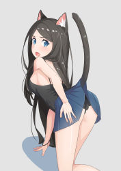 Rule 34 | 1girl, absurdres, accidental exposure, aina (mao lian), all fours, animal ears, ass, black camisole, black hair, black panties, blue eyes, blue skirt, breasts, camisole, cat ears, cat tail, clothes lift, from behind, hand on own ass, highres, long hair, looking at viewer, looking back, mao lian (nekokao), medium breasts, miniskirt, open mouth, original, panties, sideboob, skirt, skirt lift, solo, tail, underwear
