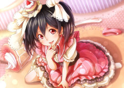 Rule 34 | 10s, 1girl, black hair, cake, dararito, food, hat, love live!, love live! school idol festival, love live! school idol project, open mouth, red eyes, short hair, smile, solo, twintails, yazawa nico