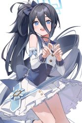 Rule 34 | 1girl, absurdres, aris (blue archive), black hair, blue archive, blue eyes, bow, choker, dancing, detached sleeves, gradient hair, hair between eyes, hair bow, halo, heart, heart hands, highres, idol, long hair, long hair between eyes, microphone, mischievous straight uniform (blue archive), multicolored hair, official alternate costume, pleated skirt, sailor collar, side ponytail, skirt, solo, thighs, upper body, very long hair, white background, yuan (ziranran)