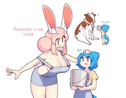 Rule 34 | 2girls, ?, animal ear fluff, animal ears, black eyes, blue hair, breasts, bucket, cleavage, cow, english text, fins, fish tail, fiz (fizintine), fizintine, hair bun, hand on another&#039;s head, holding, large breasts, multiple girls, multiple views, naked overalls, open mouth, original, overalls, pink hair, rabbit ears, rabbit tail, shark girl, shark tail, shirt, short hair, simple background, single hair bun, tail, tori (fizintine), white background, yellow shirt