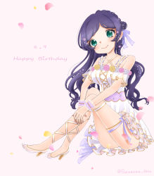 Rule 34 | 1girl, alternate hairstyle, aqua eyes, artist name, artist request, bare legs, bare shoulders, barefoot, blush, bracelet, braid, breasts, collarbone, cross-laced clothes, cross-laced dress, crown braid, dress, earrings, feet, female focus, flower, flower dress, flower earrings, flower hair ornament, flower print, frilled dress, frilled skirt, frills, full body, green eyes, hair bun, hair flower, hair ornament, hair ribbon, hand on own knee, high heels, highres, jewelry, knee up, long hair, looking at viewer, love live!, love live! school idol festival, love live! school idol project, nail, nail polish, own hands together, parted lips, pearl bracelet, pearl earrings, petals, pink flower, pink nails, pink nails, pink petals, purple hair, ribbon, ribbon-trimmed legwear, ribbon trim, short sleeves, side bun, single hair bun, sitting, skirt, sleeveless, sleeveless dress, small breasts, smile, solo, tojo nozomi, white dress, white skirt, white wrist cuffs, wrist cuffs