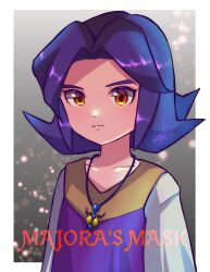 Rule 34 | 1boy, closed mouth, copyright name, grey background, highres, jewelry, kafei, looking at viewer, male focus, nintendo, nonoworks, pendant, purple hair, red eyes, sidelocks, the legend of zelda, the legend of zelda: majora&#039;s mask, upper body