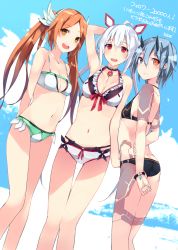 Rule 34 | 3girls, adapted costume, ahoge, arm behind back, arm behind head, arm grab, arm up, arms behind back, artist name, ass, bad id, bad pixiv id, bare shoulders, bikini, blue eyes, blue hair, blush, bracelet, breasts, brown eyes, brown hair, butt crack, choker, cleavage, collar, collarbone, dutch angle, gem, hair between eyes, hair ornament, hairband, heterochromia, highres, horns, io (pso2), jewelry, kurebayashi noe, large breasts, long hair, looking at viewer, looking back, matoi (pso2), medium breasts, multiple girls, navel, open mouth, parted lips, phantasy star, phantasy star online 2, quna (pso2), red eyes, round teeth, short hair, silver hair, small breasts, smile, standing, swimsuit, teeth, twintails