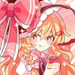 Rule 34 | 1girl, black shirt, blonde hair, braid, can, collared shirt, commentary, food, fruit, hat, highres, holding, holding can, holding food, holding fruit, kirisame marisa, long hair, pink ribbon, red theme, ribbon, shirocha tei, shirt, side braid, solo, symbol-only commentary, tongue, tongue out, touhou, twitter username, upper body, white shirt, witch, witch hat, yellow eyes
