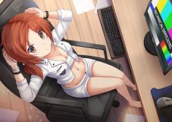 Rule 34 | 1girl, :t, annoyed, bare legs, barefoot, blush, bracelet, breasts, brown eyes, brown hair, chair, cleavage, from above, groin, jewelry, kazenokaze, keyboard (computer), legs, looking up, midriff, monitor, mouse (computer), mousepad (object), navel, office chair, open clothes, open fly, open shirt, original, paper, perspective, sarashi, shiny skin, shirt, short hair, sitting, solo, swivel chair, unzipped