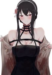 Rule 34 | 1girl, bare shoulders, black dress, black hair, blood, blood on hands, blood stain, breasts, cleavage, coat, dagger, dress, closed eyes, flower, glint, hair flower, hair ornament, hairband, highres, kikata (hata nanokana), knife, large breasts, looking at viewer, red eyes, removing coat, removing jacket, sidelocks, smile, solo, spy x family, upper body, weapon, yor briar