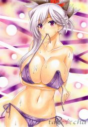 Rule 34 | asymmetrical hair, bikini, bikini top only, biting, biting clothes, breasts, collarbone, commentary request, crossed arms, fate/grand order, fate (series), grey hair, hair ornament, highres, huge breasts, midriff, miyamoto musashi (fate), navel, nipple piercing, piercing, solo, swimsuit, takecha, undressing, wet