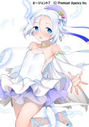 Rule 34 | 1girl, :d, agent 7, bad id, bad pixiv id, blue eyes, detached sleeves, donacoo, dress, frilled dress, frills, hat, looking at viewer, official art, open mouth, original, reaching, short hair, simple background, smile, solo, white background, white dress, white hair, yuuhi homare