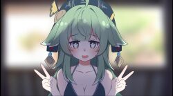 Rule 34 | 1girl, background activity, blonde hair, breasts, cape, cleavage, double v, green hair, heart, highres, hooks, huohuo (honkai: star rail), medium breasts, salute, short hair, solo, symbol-shaped pupils, v