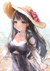 Rule 34 | 1girl, backlighting, beach, black dress, blush, bow, breasts, brown hair, cleavage, closed mouth, clothing cutout, commentary request, dappled sunlight, dress, earrings, hat, hat bow, hat ribbon, highres, jewelry, light particles, light rays, long hair, long sleeves, looking afar, medium breasts, ocean, original, puracotte, purple eyes, ribbon, see-through, see-through dress, see-through sleeves, signature, smile, solo, straight hair, straw hat, sunlight, underboob cutout, upper body, water