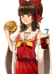 Rule 34 | 1girl, ascot, bad id, bad pixiv id, bow, brown hair, burger, cheese trail, cowboy shot, detached sleeves, drink, eating, food, green eyes, hair bow, hair tubes, hakama, hakama short skirt, hakama skirt, hakurei reimu, hands up, io (dhsmf145), japanese clothes, long hair, ponytail, red eyes, red skirt, ribbon-trimmed collar, ribbon-trimmed sleeves, ribbon trim, simple background, skirt, sleeveless, soda, solo, touhou, white background, wide sleeves
