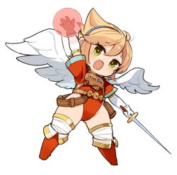 Rule 34 | 1girl, angel wings, armor, blonde hair, breath of fire, breath of fire i, feathered wings, gloves, green eyes, hairband, leotard, looking at viewer, mota, nina (breath of fire i), open mouth, red leotard, short hair, simple background, solo, thighhighs, weapon, white background, white wings, wings