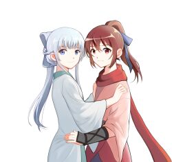 Rule 34 | 2girls, bai yuxiu, blue eyes, bow, braid, brown eyes, brown hair, closed mouth, feng ling&#039;er, fengling yuxiu, highres, hug, long hair, looking at viewer, multiple girls, ponytail, red eyes, red scarf, ribbon, scarf, simple background, smile, standing, white background, white hair, wide sleeves, xiaoxi zhangqi