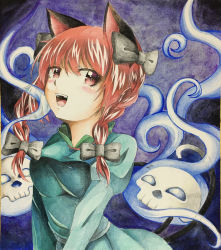 Rule 34 | 1girl, 283win, :d, absurdres, animal ears, black bow, blue background, blush, bow, braid, cat ears, cat tail, dress, eyebrows hidden by hair, flaming skull, floating skull, glowing, glowing eyes, green dress, hair between eyes, hair bow, hair ribbon, highres, hitodama, juliet sleeves, kaenbyou rin, long hair, long sleeves, looking at viewer, multiple tails, nekomata, open mouth, puffy sleeves, red eyes, red hair, ribbon, simple background, smile, solo, tail, teeth, tongue, touhou, traditional media, tress ribbon, twin braids, twintails, two tails, upper body, upper teeth only, v arms