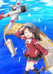 Rule 34 | 10s, 1girl, :d, absurdres, aircraft, airplane, aviator cap, black skirt, black socks, blue sky, brown eyes, brown hair, collared shirt, day, fairy (kancolle), goggles, goggles on head, highres, japanese clothes, kantai collection, kariginu, kneehighs, long sleeves, looking away, looking up, magatama, miniskirt, nogisaka kushio, ocean, one eye closed, onmyouji, open mouth, outdoors, pleated skirt, ryuujou (kancolle), scroll, shirt, skirt, sky, smile, socks, twintails, type 96 fighter, visor cap, water