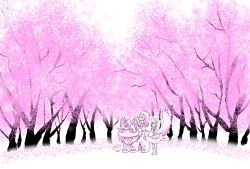 Rule 34 | 2girls, animal, cat (nyanko daisensou), cherry blossoms, flower, highres, minya (nyanko daisensou), multiple girls, murayamawataru, nyanko daisensou, pink flower, tama (nyanko daisensou), tree, ururun wolf (nyanko daisensou), white background, wolf