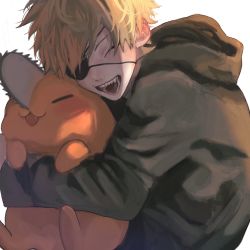 Rule 34 | 1boy, 1other, :3, absurdres, blonde hair, blush, chainsaw, chainsaw man, child, closed eyes, colored skin, denji (chainsaw man), eyepatch, fangs, green hoodie, green jacket, happy, highres, hood, hoodie, hug, jacket, leo x009, open mouth, short hair, simple background, white background