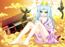 Rule 34 | 1girl, absurdres, amaterasu (p&amp;d), aqua eyes, bad id, bad pixiv id, bare legs, bare shoulders, barefoot, bird, blue hair, blush, cloud, cum, cum on body, cum on lower body, feet, hair ornament, highres, japanese clothes, kimono, long hair, long sleeves, off shoulder, ootsuki momiji, open mouth, pussy juice, puzzle &amp; dragons, smile, soles, solo, toes, very long hair