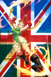 Rule 34 | 1girl, antenna hair, armpits, artist name, bare hips, bare legs, bare shoulders, beret, black footwear, blonde hair, blue eyes, boots, braid, breasts, building, cammy white, camouflage, covered navel, elizabeth tower, england, facial scar, fingerless gloves, full body, genzoman, gloves, green leotard, hat, highres, leotard, lips, medium breasts, muscular, muscular female, navel, red gloves, scar, scar on cheek, scar on face, solo, street fighter, street fighter ii (series), thighs, twin braids, union jack