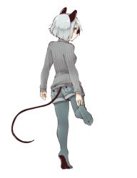 Rule 34 | 1girl, akagashi hagane, alternate costume, animal ears, back, blue pantyhose, full body, grey hair, long sleeves, looking at viewer, looking back, mouse ears, mouse tail, nazrin, no shoes, pants, pantyhose, pantyhose under shorts, red eyes, short hair, shorts, simple background, solo, standing, striped clothes, striped sweater, sweater, tail, touhou, white background