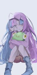 Rule 34 | 1girl, alternate costume, bellibolt, blue hair, bow-shaped hair, cat adonis25, creatures (company), crying, game freak, highres, iono (pokemon), multicolored hair, nintendo, pink hair, pokemon, pokemon sv, simple background, solo, split-color hair, stuffed toy, tears, white background
