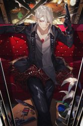 Rule 34 | 1boy, alternate costume, bishounen, black jacket, blue eyes, blue flower, blue rose, bullet hole, chest jewel, chinese commentary, cigarette, cigarette pack, couch, crossed legs, eyeshadow, fate/grand order, fate (series), feet out of frame, finger on trigger, flower, formal, gloves, gun, hair between eyes, handgun, highres, holding, holding gun, holding weapon, jacket, karna (fate), karna (formal dress) (fate), knife, lighter, long hair, long sleeves, looking at viewer, makeup, male focus, no smoking, rose, shirt, sitting, solo, sqloveraven, weapon, white hair