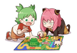 Rule 34 | 2girls, anya (spy x family), arm support, black dress, black footwear, board game, brown shorts, child, commentary, crossover, dice, dress, eden academy school uniform, english commentary, gomipomi, green eyes, green hair, hair ornament, hairpods, holding, kneeling, koiwai yotsuba, medium hair, multiple girls, open mouth, pink hair, playing games, quad tails, raglan sleeves, red footwear, school uniform, shoes, short hair, shorts, simple background, smile, spy x family, white background, yotsubato!