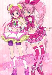 Rule 34 | 00s, 10s, 2girls, bike shorts, blue eyes, bow, color connection, cure dream, cure melody, eyelashes, hairband, houjou hibiki, locked arms, long hair, maeashi, magical girl, multiple girls, pink background, pink bow, pink hair, pink theme, precure, purple eyes, purple shorts, shorts, shorts under skirt, skirt, suite precure, thighhighs, twintails, yes! precure 5, yumehara nozomi