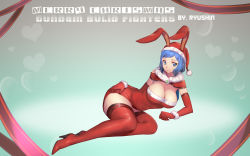 Rule 34 | 10s, 1girl, animal ears, blue eyes, blue hair, blush, boots, breasts, rabbit ears, christmas, elbow gloves, gloves, gundam, gundam build fighters, hat, heart, high heel boots, high heels, highres, iori rinko, large breasts, long hair, looking at viewer, matching hair/eyes, mature female, red gloves, ryushin, santa hat, smile, solo, thigh boots, thighhighs, zettai ryouiki