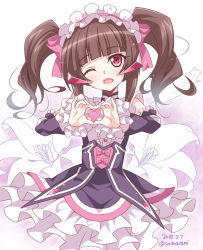Rule 34 | 1girl, ;d, alternate costume, aoi masami, black dress, blush, brown hair, commentary request, dated, detached sleeves, dress, flower, frilled hairband, frills, hairband, head tilt, heart, heart hands, lily (flower), long sleeves, looking at viewer, one eye closed, open mouth, pink hairband, red eyes, senki zesshou symphogear, sidelocks, sleeveless, sleeveless dress, smile, solo, tsukuyomi shirabe, twintails, twitter username
