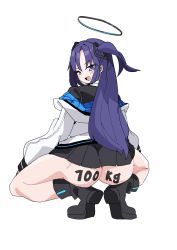 Rule 34 | 1girl, absurdres, ass, blue archive, blue eyes, body writing, boots, broly culo (meme), female focus, full body, halo, highres, koyansuee, long hair, looking at viewer, looking back, meme, muscular, muscular female, parody, pleated skirt, purple hair, simple background, skirt, solo, squatting, transparent background, twintails, yuuka (blue archive)