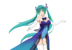Rule 34 | 1girl, aqua hair, blue bow, blue leotard, bow, bowtie, breasts, choker, cleavage, covered navel, elbow gloves, floating hair, gloves, green eyes, grey eyes, hair ribbon, hatsune miku, highres, leotard, long hair, looking at viewer, medium breasts, open mouth, outstretched arms, parted bangs, purple ribbon, qiye luoying, ribbon, simple background, solo, standing, strapless, strapless leotard, thighhighs, very long hair, vocaloid, white background, white gloves, white thighhighs