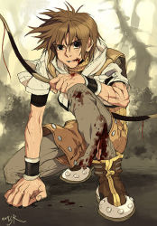 Rule 34 | 1boy, backpack, bag, black eyes, blood, blood on clothes, blood on face, bow (weapon), brown hair, brown shirt, brown shorts, commentary, crop top, cuts, dated commentary, english commentary, full body, grandyoukan, grey pants, grin, hair between eyes, holding, holding bow (weapon), holding weapon, hunter (ragnarok online), injury, jacket, looking at viewer, male focus, on one knee, pants, pants under shorts, ragnarok online, shirt, shoes, short hair, short sleeves, shorts, signature, smile, solo, weapon, white jacket, wristband