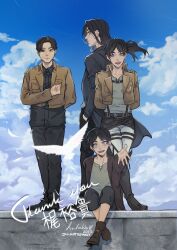 Rule 34 | 4boys, age progression, back-to-back, blue sky, cloud, cloudy sky, eren yeager, full body, hand on own chest, highres, looking at viewer, male focus, multiple boys, outstretched arm, pants, paradis military uniform, reaching, reaching towards viewer, real life, salute, shingeki no kyojin, short hair, sitting, sky, smile, thank you, time paradox, tsutokki, voice actor, yuki kaji