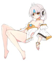 Rule 34 | 1girl, bad id, bad twitter id, barefoot, code: empress (elsword), commentary request, crown, dress, elsword, eve (elsword), feet, female focus, full body, highres, navel, no bra, no pants, simple background, solo, tama (tamatamo), thighs, toes, white background, white dress, white hair, yellow eyes