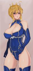Rule 34 | 1girl, absurdres, ahoge, akira (yuibnm71), aqua eyes, artoria pendragon (fate), artoria pendragon (lancer) (fate), bare shoulders, blonde hair, blue gloves, blue leotard, braid, braided bun, breasts, cleavage, cleavage cutout, clothing cutout, commentary request, crown, elbow gloves, fate/grand order, fate (series), french braid, gloves, gluteal fold, hair bun, hair ornament, heattech leotard, highres, large breasts, leotard, lips, looking away, parted lips, shiny skin, simple background, sleeveless, solo, thighhighs, thighs