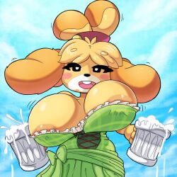 Rule 34 | 1girl, animal crossing, areola slip, blush stickers, bouncing breasts, breasts, brown fur, buck teeth, cup, dress, furry, furry female, green dress, highres, huge breasts, ichduhernz, isabelle (animal crossing), large areolae, mug, multicolored fur, nintendo, open mouth, shih tzu, smile, standing, teeth, yellow fur