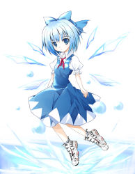 Rule 34 | 1girl, araissu, blue eyes, blue hair, bow, cirno, female focus, full body, hair bow, matching hair/eyes, nike (company), ribbon, shoes, short hair, sneakers, solo, touhou, white background, wings
