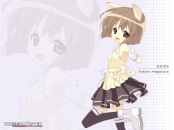 Rule 34 | 00s, 1girl, :d, animal ears, ankle boots, armpits, bare shoulders, black skirt, black thighhighs, blush, boots, breasts, bridal garter, brown eyes, character name, clenched hand, copyright name, frills, from side, gloves, grey footwear, hagiwara yukiho, halftone, halftone background, idolmaster, idolmaster (classic), idolmaster 1, looking at viewer, looking to the side, open mouth, pleated skirt, short hair, sideboob, skirt, sleeveless, small breasts, smile, solo, thighhighs, tsukigami runa, white gloves, zettai ryouiki, zoom layer