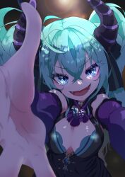 Rule 34 | 1girl, absurdres, ahoge, aqua eyes, aqua hair, black dress, black ribbon, breasts, brooch, cleavage, collar, crossed bangs, detached sleeves, dragon horns, dress, frilled collar, frilled sleeves, frills, gem, gold trim, hair between eyes, hair ribbon, hatsune miku, hatsune miku (noodle stopper), heart, heart brooch, highres, horns, jewelry, lens flare, long hair, long sleeves, looking at viewer, medium breasts, open mouth, outstretched arms, purple horns, rakugakijunkie, reaching, reaching towards viewer, ribbon, sharp teeth, sidelocks, simple background, sunlight, teeth, twintails, v-shaped eyebrows, very long hair, vocaloid