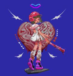 Rule 34 | 1girl, baseball bat, blood, blood on clothes, blood on face, blood on hands, bloody weapon, blue background, blunt bangs, bob cut, commentary request, dress, faux figurine, frilled dress, frills, from behind, full body, green hair, halo, heart, heart (organ), heel up, helmet, holding, holding baseball bat, holding weapon, looking at viewer, looking back, nail, nail bat, open mouth, original, oshio (shioqqq), pink eyes, pink footwear, puffy short sleeves, puffy sleeves, red headwear, ribbed socks, shoes, short dress, short hair, short sleeves, simple background, socks, solo, standing, sticker, translation request, weapon, white dress, white socks