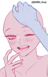 Rule 34 | 1girl, 1other, bald, bald girl, bare shoulders, blush, collarbone, colored skin, dahan, headpat, highres, korean commentary, looking at viewer, nail polish, one eye closed, open mouth, original, pink nails, pink skin, pov, simple background, smile, solo focus, teeth, template, twitter username, white background