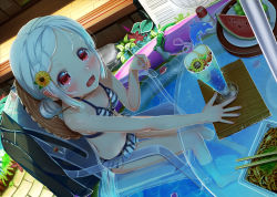 Rule 34 | 1girl, aiuabo, albino, barefoot, bikini, black jacket, blue nails, blush, braid, breasts, chair, chopsticks, commentary request, crazy straw, cup, day, drinking glass, drinking straw, flower, food, fruit, grapes, hair flower, hair ornament, hat on back, highres, holding, holding spoon, hose, jacket, long hair, looking at viewer, nail polish, navel, noodles, open mouth, original, outdoors, petite, plant, red eyes, shade, sitting, small breasts, soaking feet, solo, spoon, striped bikini, striped clothes, summer, sunflower, sunflower hair ornament, swimsuit, twintails, unworn jacket, very long hair, wading pool, water, watermelon, white hair